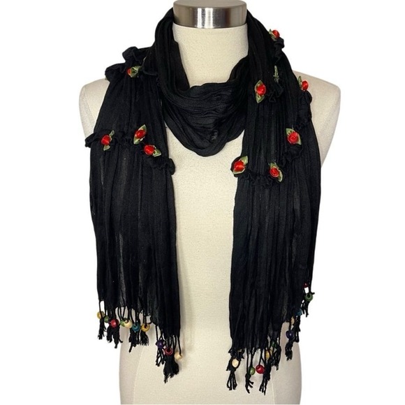 PASHMINA Black Embellished with Floral Appliqués & Beaded Fringe - Picture 1 of 7